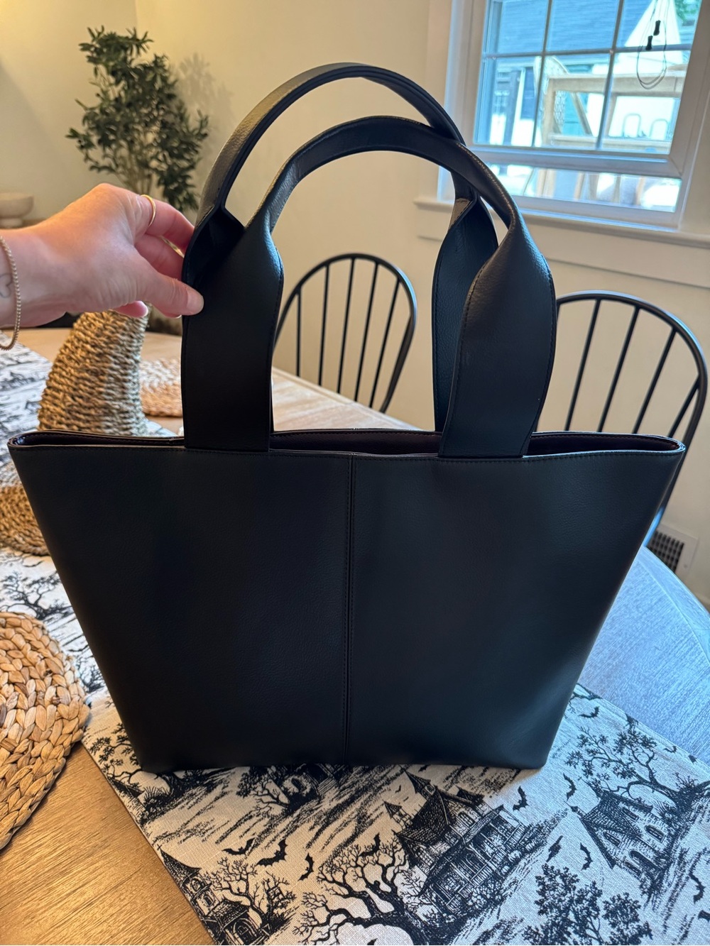 Everyday Black Leather Tote with Wide Handles